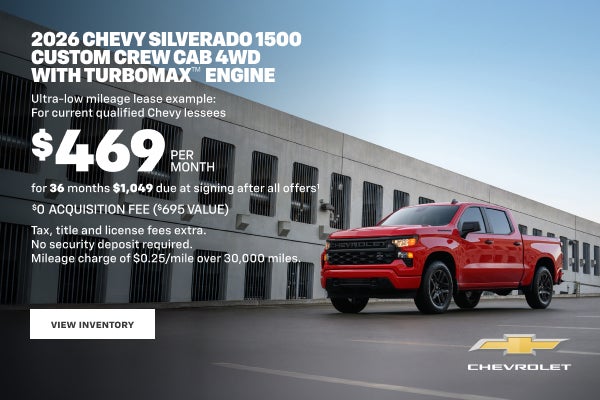 2026 Chevy Silverado 1500 Custom Crew Cab 4WD with TurboMax Engine. Ultra-low mileage lease examp...